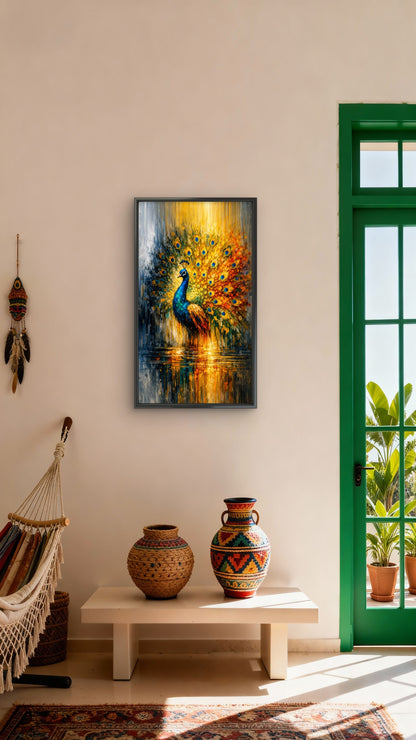 vibrant_peacock_water_reflection-Wild life & animal -3D Textured Wall Art | UV Embossed Canvas Wall Frame for Home decor