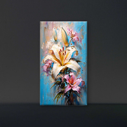 white_and_pink_lilies_blue_background Luxurious-Floral & Botanical -3D Textured Wall Art | UV Embossed Canvas Wall Frame for Home decor