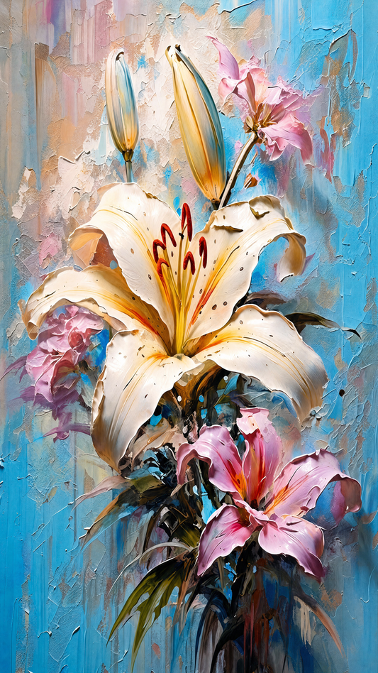 white_and_pink_lilies_blue_background Luxurious-Floral & Botanical -3D Textured Wall Art | UV Embossed Canvas Wall Frame for Home decor
