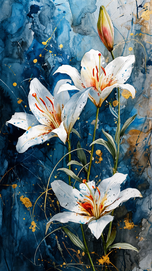 White_lily_blossoms_gold_splatter Luxurious-Floral & Botanical -3D Textured Wall Art | UV Embossed Canvas Wall Frame for Home decor