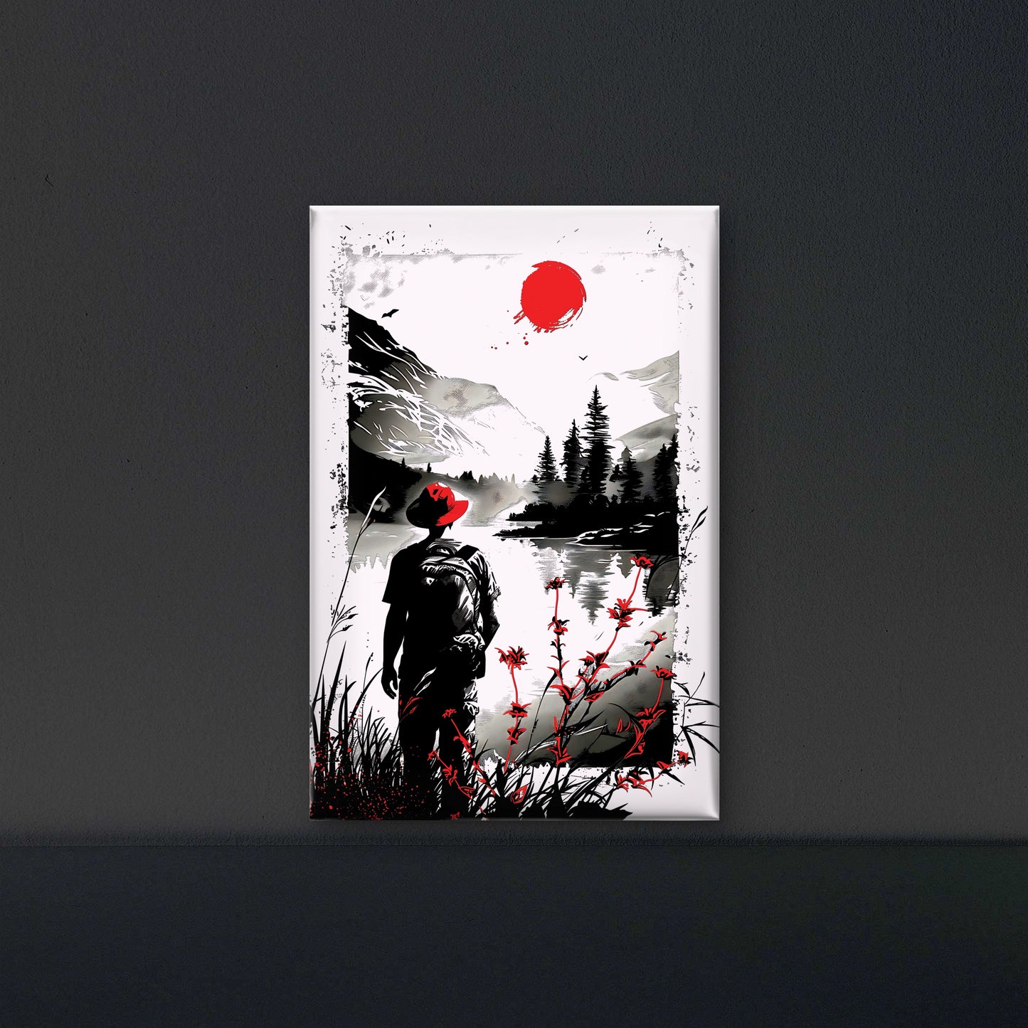woman-stands-front-lake-with-red-flower-Luxurious-Nature and landscape | 3D Textured Wall Art | UV Printed Embossed Canvas Wall Frame for Home Decor,Living Room