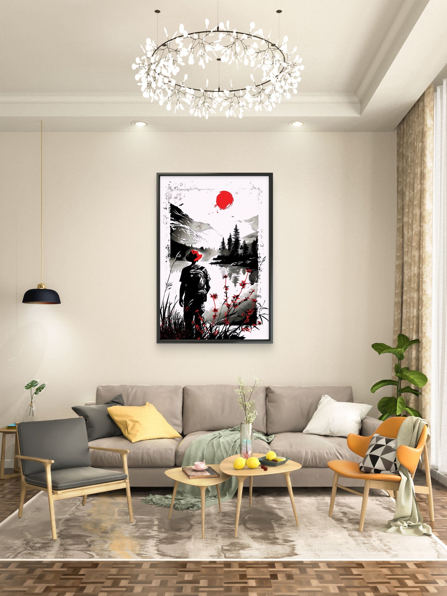 woman-stands-front-lake-with-red-flower-Luxurious-Nature and landscape | 3D Textured Wall Art | UV Printed Embossed Canvas Wall Frame for Home Decor,Living Room