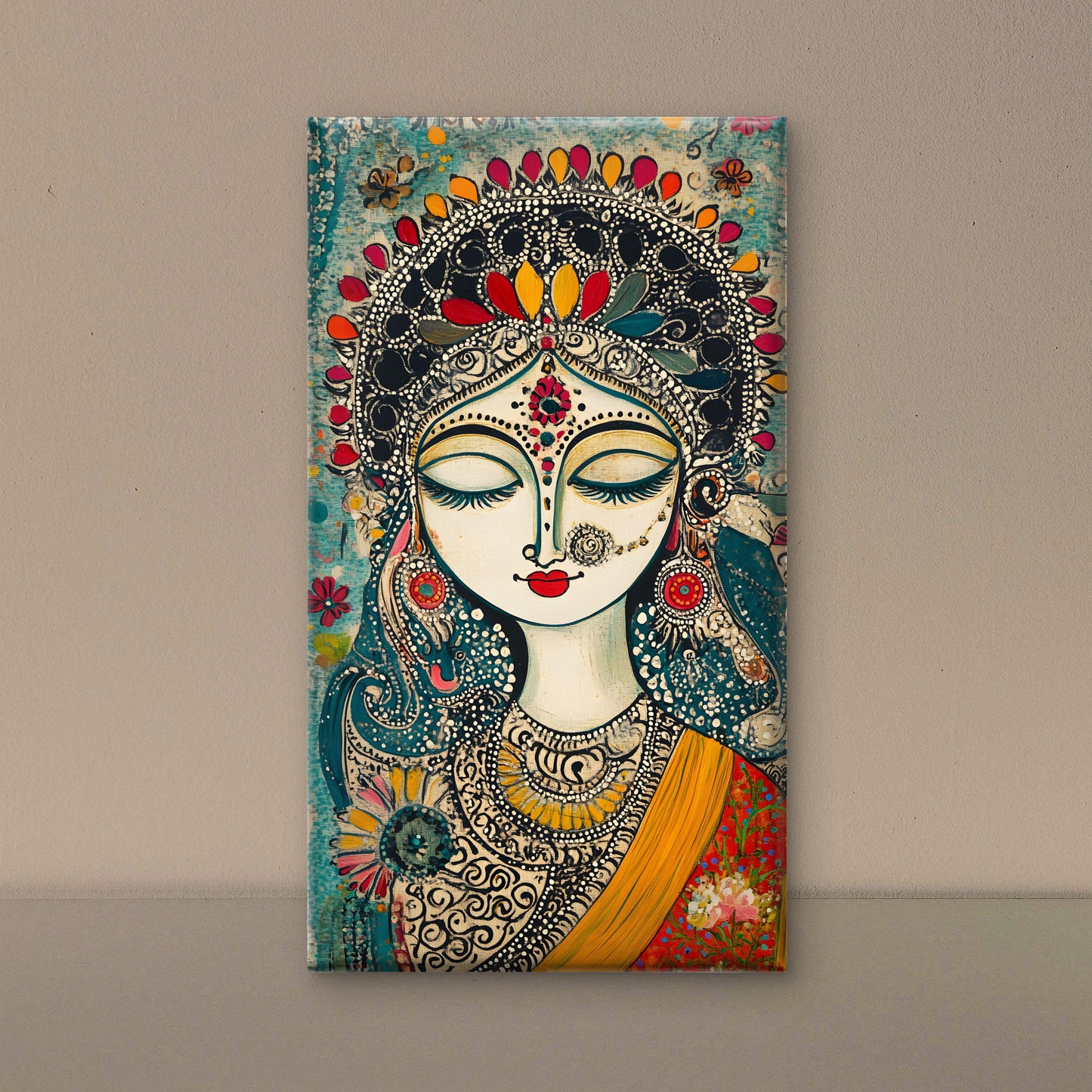 woman-with-eyes-closed-Luxurious-Indian Culture &  Folk Art 3D Textured Wall Art | UV Printed Embossed Canvas Wall Frame for Home Decor,living Room