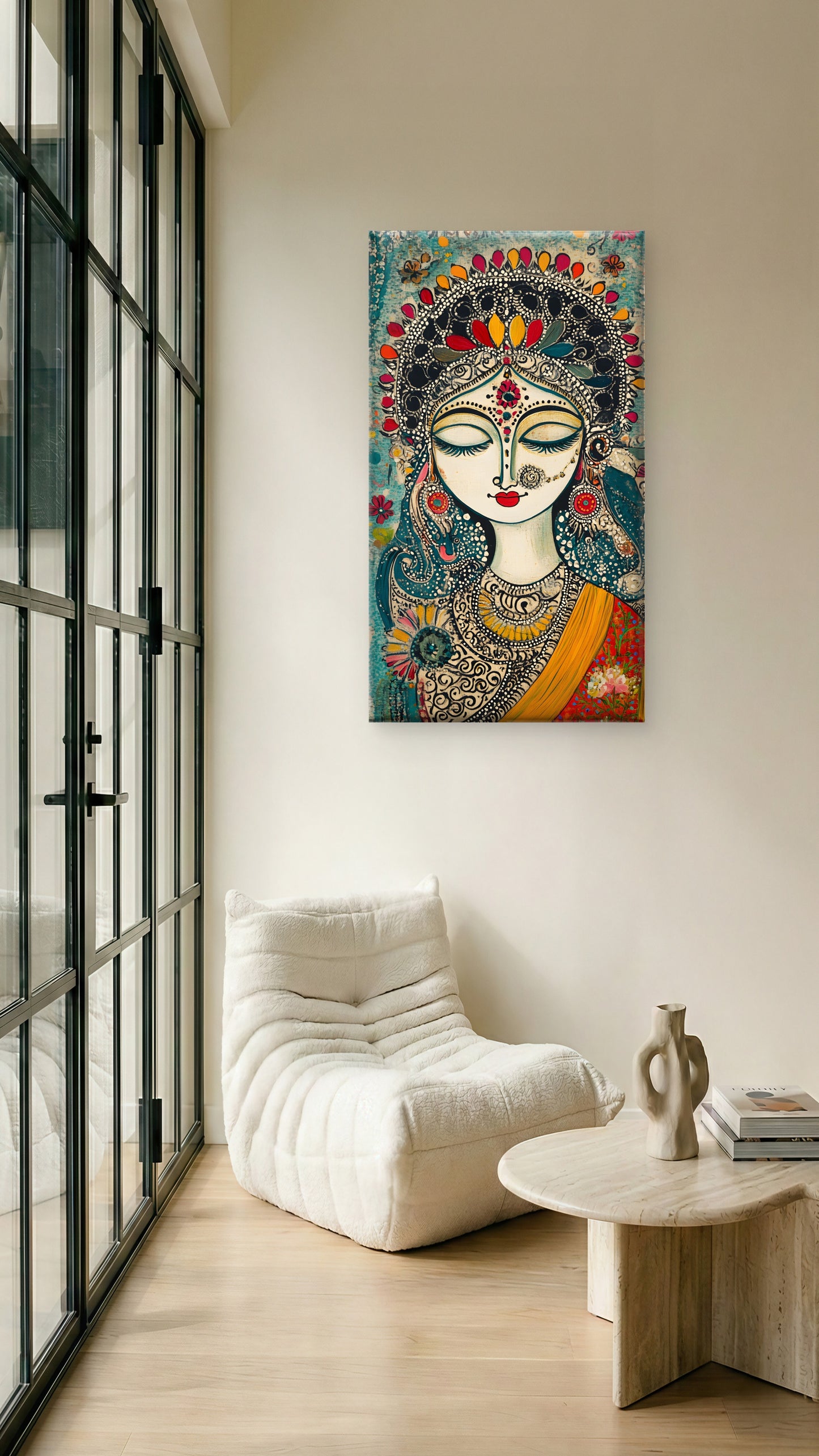 woman-with-eyes-closed-Luxurious-Indian Culture &  Folk Art 3D Textured Wall Art | UV Printed Embossed Canvas Wall Frame for Home Decor,living Room
