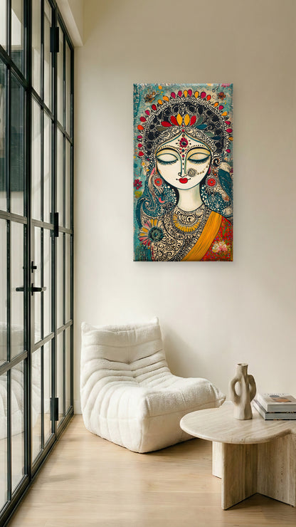 woman-with-eyes-closed-Luxurious-Indian Culture &  Folk Art 3D Textured Wall Art | UV Printed Embossed Canvas Wall Frame for Home Decor,living Room