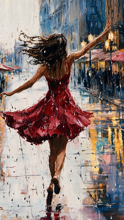 Woman_red_dress_dancing_rain Luxurious-Lifestyle, Passions & Interests -3D Textured Wall Art | UV Embossed Canvas Wall Frame for Home decor